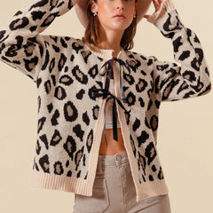 Leopard Contrast Bow Lace-up Knit Cardigan
