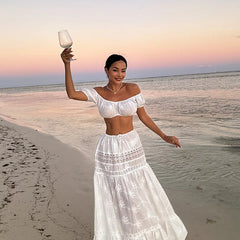 Lace Up Backless Hollow Long Skirt Two Piece Set