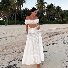 Lace Up Backless Hollow Long Skirt Two Piece Set