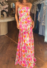 Strapless A-line Backless Floral Dress