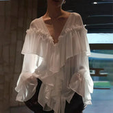 Summer White Chiffon Ruffles V Neck Blouse