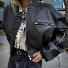 Retro PU Cotton Short Zip Up Coat