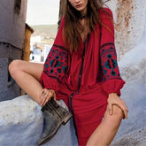 Cotton Floral Embroidery O-neck Tassel Lantern Boho Dress