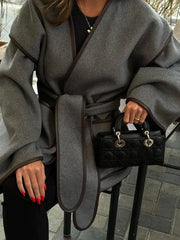 Loose Contrast Belted Woolen Coat
