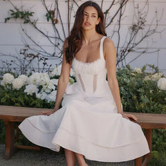 Lace Side A-Line Strap Midi Dress