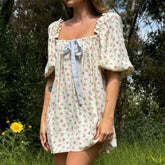 Puff Sleeve Plaid Bow Vacation Dress