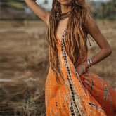 Summer Printed Loose V Collar Chiffon Boho Dress