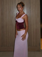 Contrast Suspender Long Skirt Two Piece Set