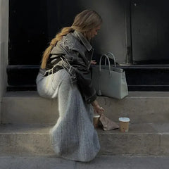 Splice Lace Up Braid Leather Coat