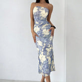 Strapless Blue Slim Fit Floral Dress