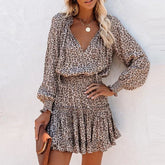 Leopard Print Cotton V Neck Autumn Boho Dress