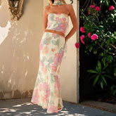 Floral Strapless Bodycon Skirt Two Piece Set