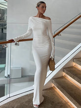 White Skew Collar Long Sleeve Maxi Dress