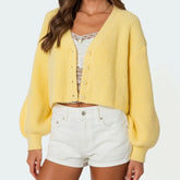 Crop Button V-neck Lantern Sleeve Cardigan