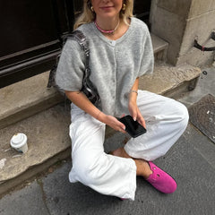 Loose Short Sleeve Button Round Neck Cardigan