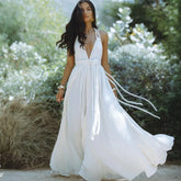 Deep V Neck Backless Rope Lace-up Boho Dress