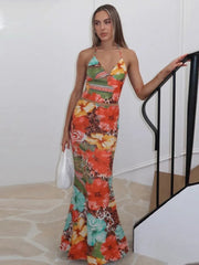 Leopard Print Lace-up Halter Crop Top Two Piece Vacation Dress