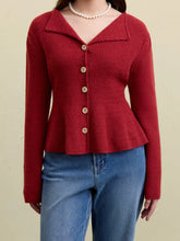 Bubble Sleeve V-neck Red Knit Cardigan