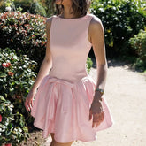 Bow Backless Pleated Slim Mini Dress