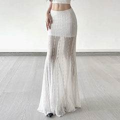 White Mesh Lace Half Length Skirt