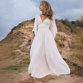 Deep V Neck Polyester Elastic Waist Boho Dress