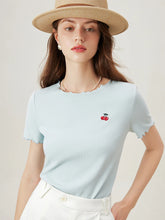 Cherry Embroidery Ruffled Knit T-shirt
