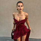Burgundy Tulle Short Mini Off Shoulder Lace Up Prom Dress