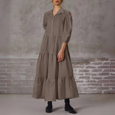 Casual Lapel Puff Sleeve Tiered Maxi Boho Dress