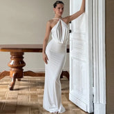 Hollow Halter Draped Backless Prom Dress