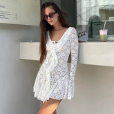 Lace Ruffle Tie Waist Mini Dress