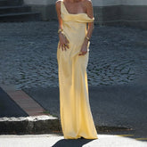Satin One Shoulder Halter Maxi Dress