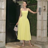 Yellow Square Collar Suspender Slim Pleated Prom Dress