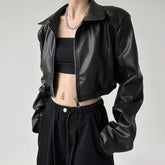 Black PU Retro Lapel Crop Coat
