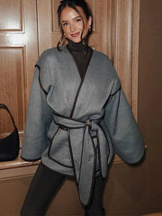 Loose Contrast Belted Woolen Coat