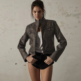 Slim Leather Zipper Button Coat