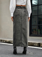 Button Front Denim Straight Skirt