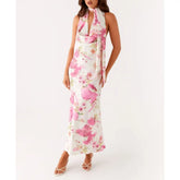 Cowl Neck Floral Halter Vacation Dress