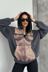 Bad Girl Style Nude Print Zipped Hoodie