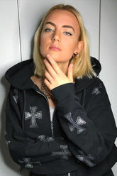 Cross Rhinestone Zip Loose Hoodie