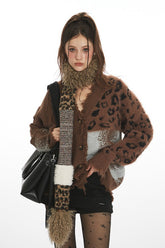 Leopard Print Patchwork V Neck Chic Knit Cardigan