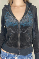 Printed Rhinestone Zip-Up Hoodie