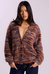 Retro Striped Fashionable Oversized Fleece Long Sleeve Knit Cardigan