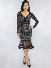V-neck long sleeve lace fishtail hem dress