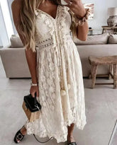 Sleeveless V Neck Hollow Out Lace Elegant Boho Dress