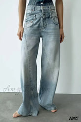 Amy Fashion - 2024 Female Patchwork Denim Pant High Waist Vintage Women Casual Street Slim Wide Leg