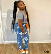 Amy Fashion - 2024 New Floral Print Women Streetwear Y2K Straight Leg Baggy Denimvintage Blue 90S