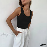 Amy Fashion - Basic Ribbed Knitted Tank Top Black / Xs