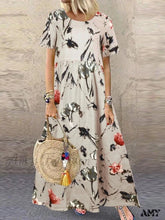 Amy Fashion - Boho Floral Print Short Sleeve O Neck Cotton Dress Beige / S