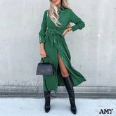 Amy Fashion - Casual Lace Up Solid Button Cardigan Dress