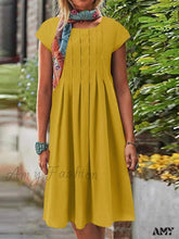 Amy Fashion - Casual Loose Cotton Linen Pleated Short Sleeve Dress Yellow / 5Xl
